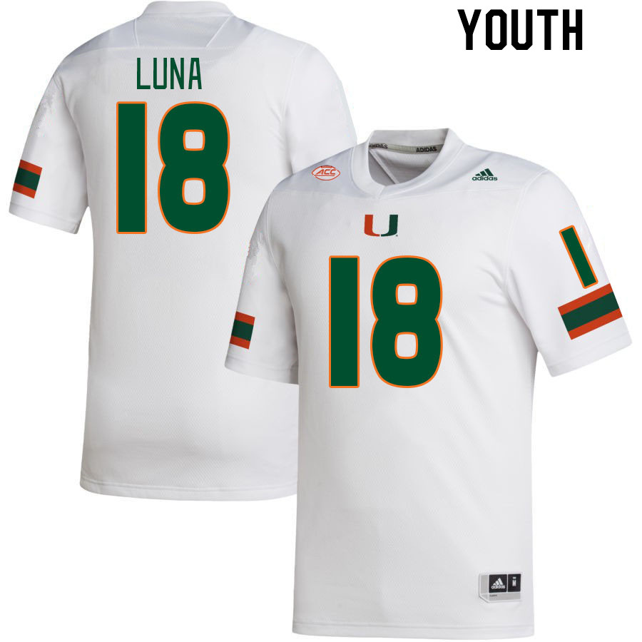 Youth #18 Riply Luna Miami Hurricanes College Football Jerseys Stitched Sale-White - Click Image to Close
